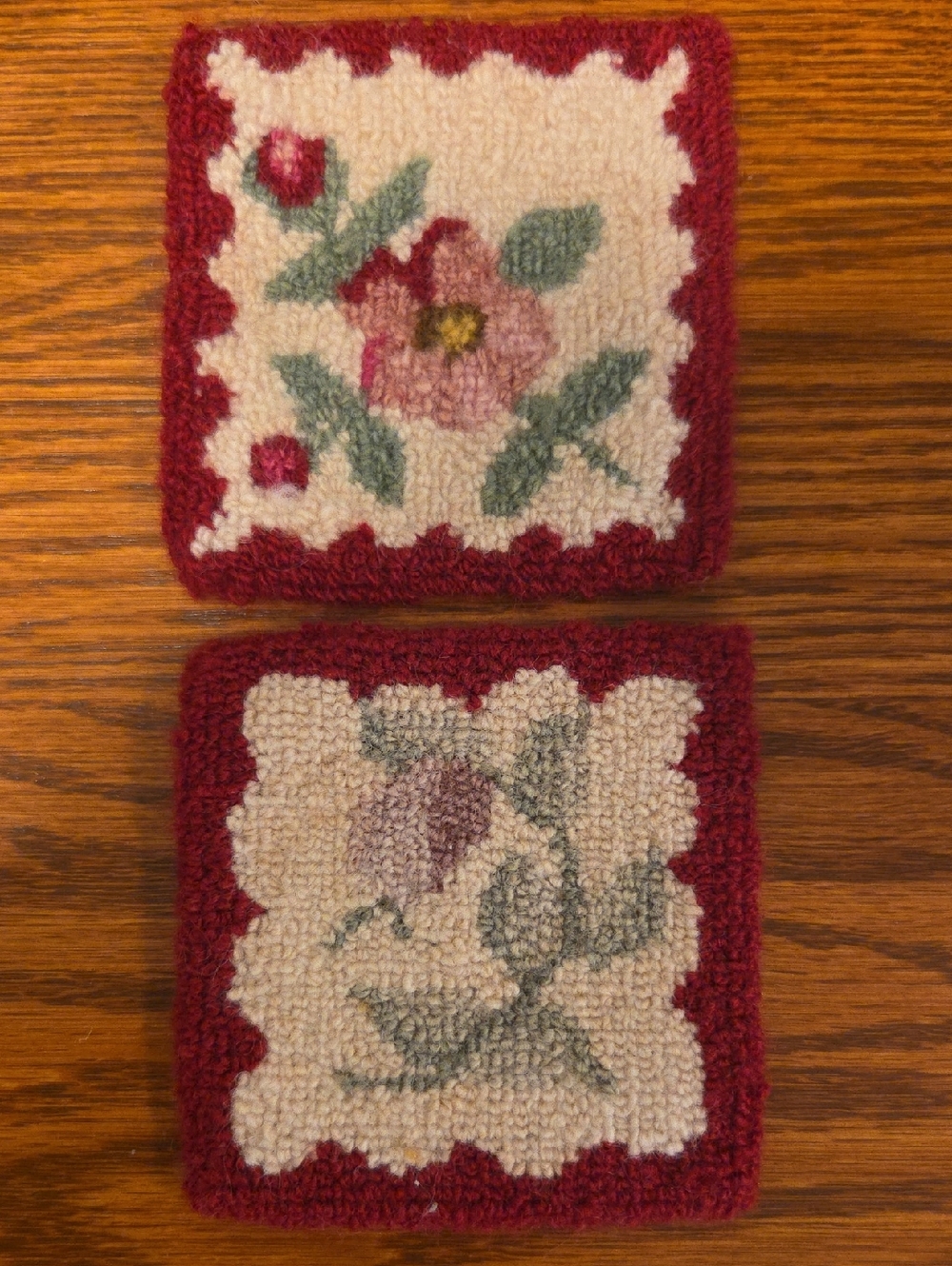 Handhooked Floral Coasters in Cream and Burgundy